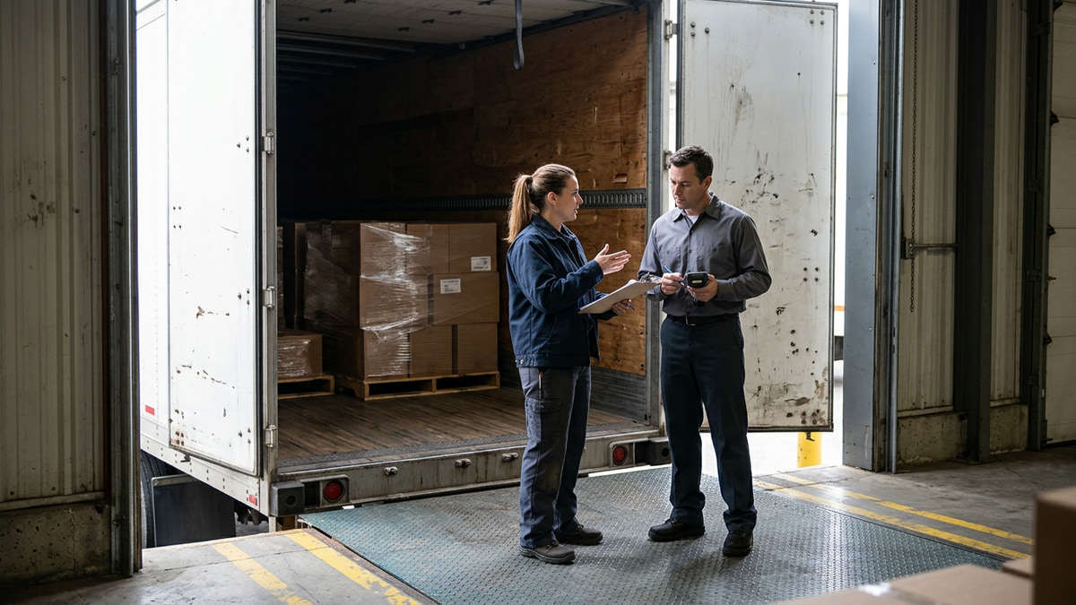 Freight arriving from a carrier and being unloaded at a receiving door