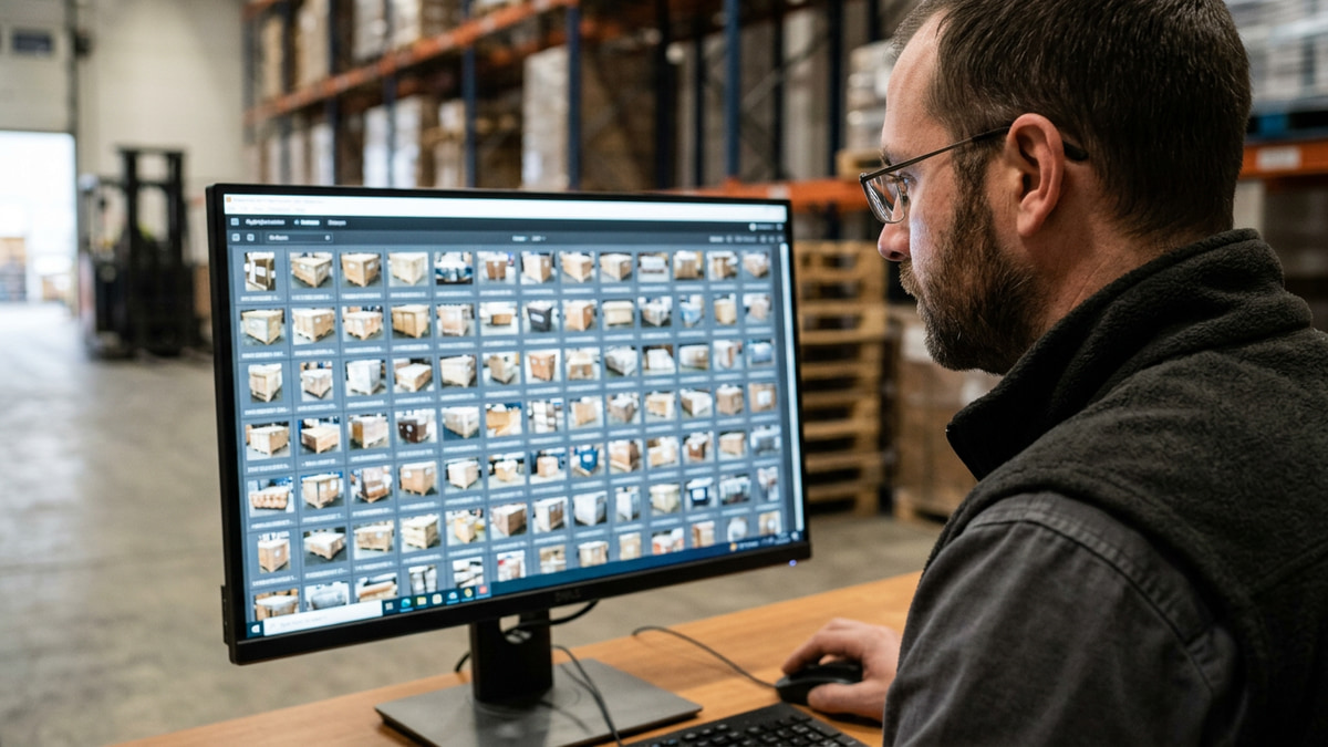 A warehouse operations manager scanning a screen full of freight photo thumbnails