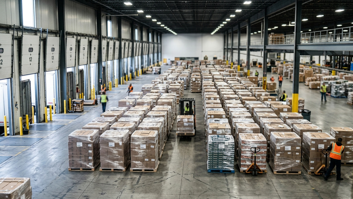High-volume DC dock with many pallets staged