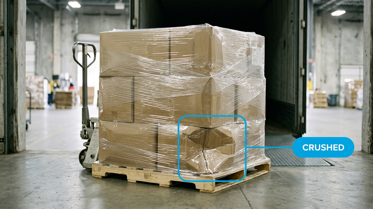 Inbound pallet photographed at a receiving dock, damage boxed