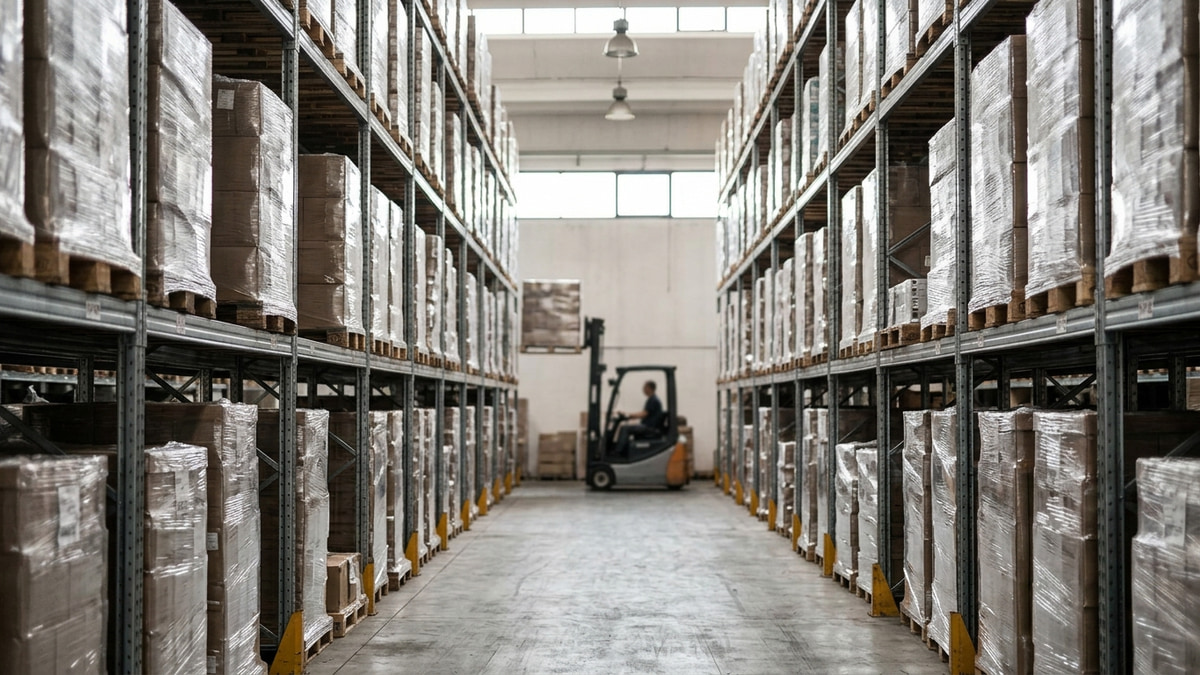 Warehouse racking loaded with wrapped pallets