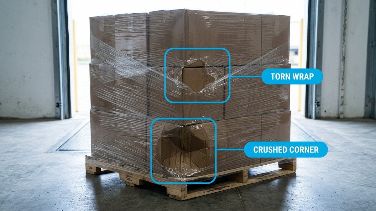 A pallet photo with damage findings boxed and graded by severity
