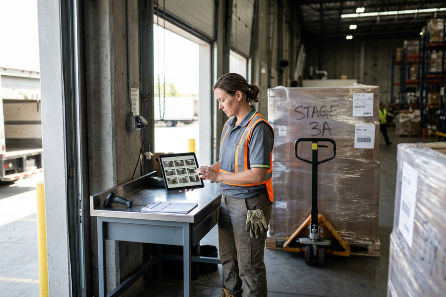 A receiving clerk photographing an inbound pallet at a dock door